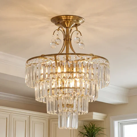 Luxury Gold Crystal Ceiling Light, Round Dimmable Semi-Flush Mount Modern Crystal Ceiling Light for Dining Room/Bedroom/Hallway