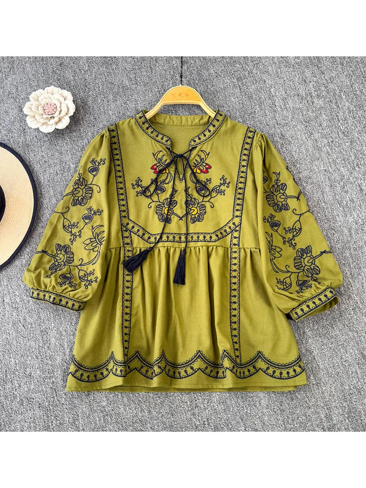 

Women Spring Blouse Vintage Ethnic Style Embroidered Lace Up Blusa Artistic Splicing Loose Seven Quarter Sleeve V-neck Top BL095