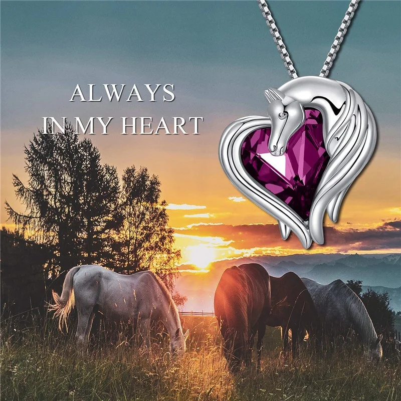 2 style Silver Horse in Heart Pendant Necklace Animal Jewelry Gift for Teen Girls Lovers Embellished with Crystals