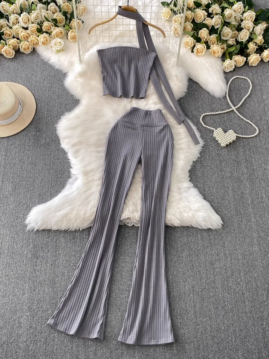 Foamlina Y2Kแฟชั่นStreetถักHalter Strapless Crop Top & เอวสูงSlimming Flareกางเกงชุด2ชิ้น2025ฤดูร้อนใหม่