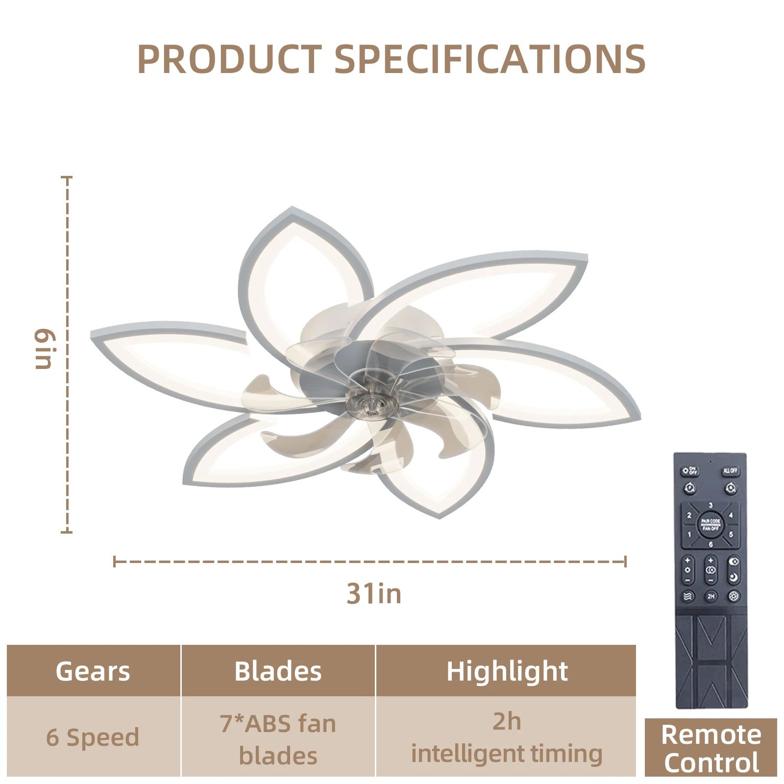 31Inches Ceiling Fan with Lights Remote Control Dimmable LED, 6 Gear Wind Speed Fan Light