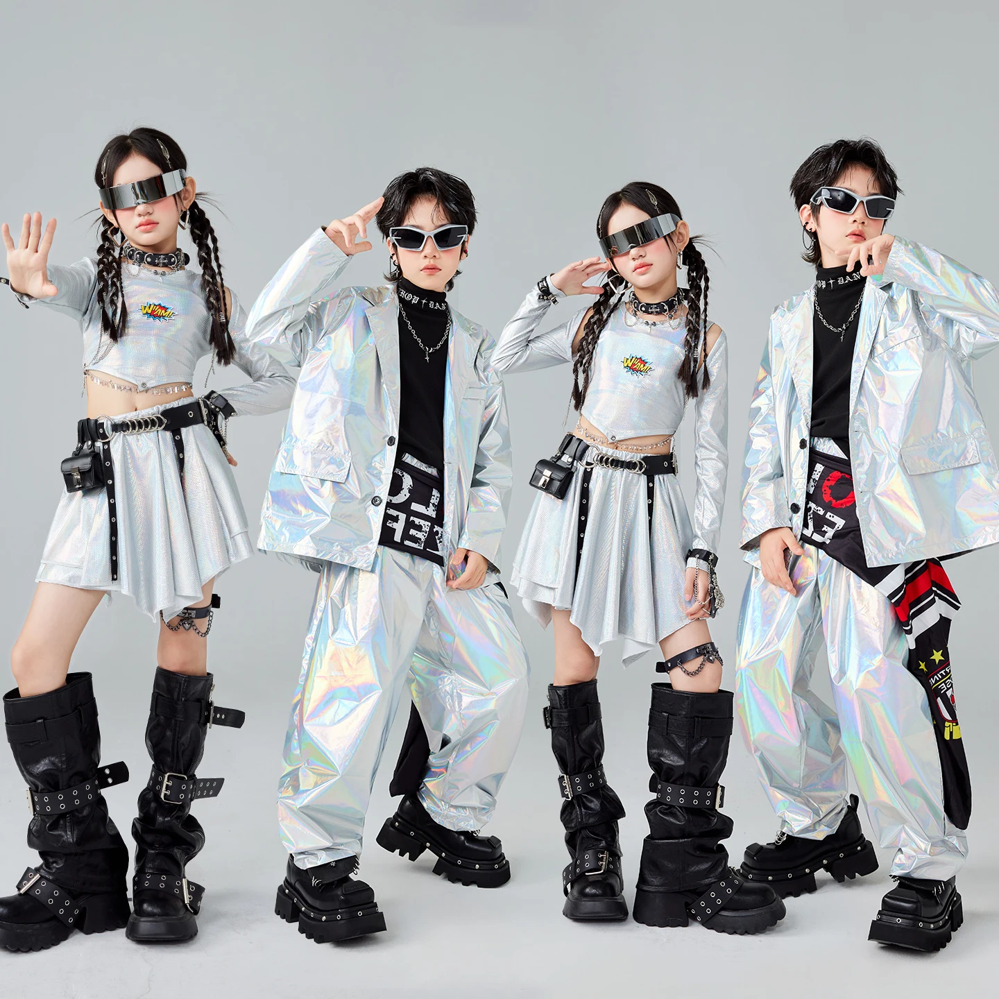 

2026 Ballroom Hip Hop Dance Costumes For Kids Sliver Kpop Outfits Girls Boys Jazz Dance Performance Stage Rave Clothes DQS21700