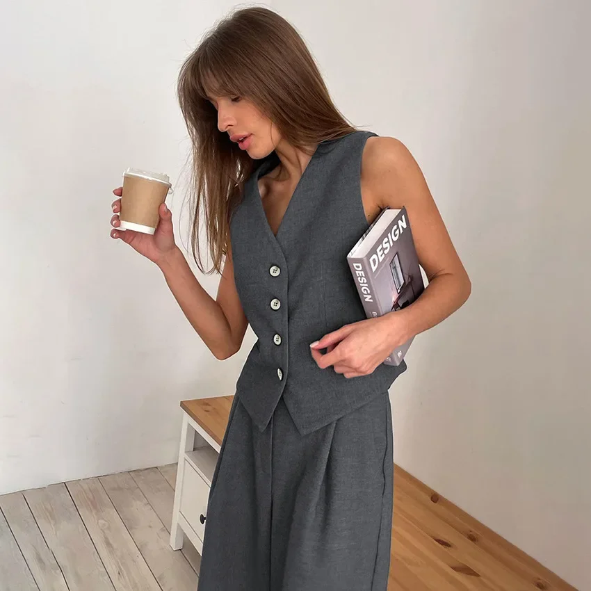 Women Pants Sets Two Pieces Set Sleeveless Vest Single Breasted Wide Leg Pants Cardigan Elegant Office Lady Pockets Solid Sashes