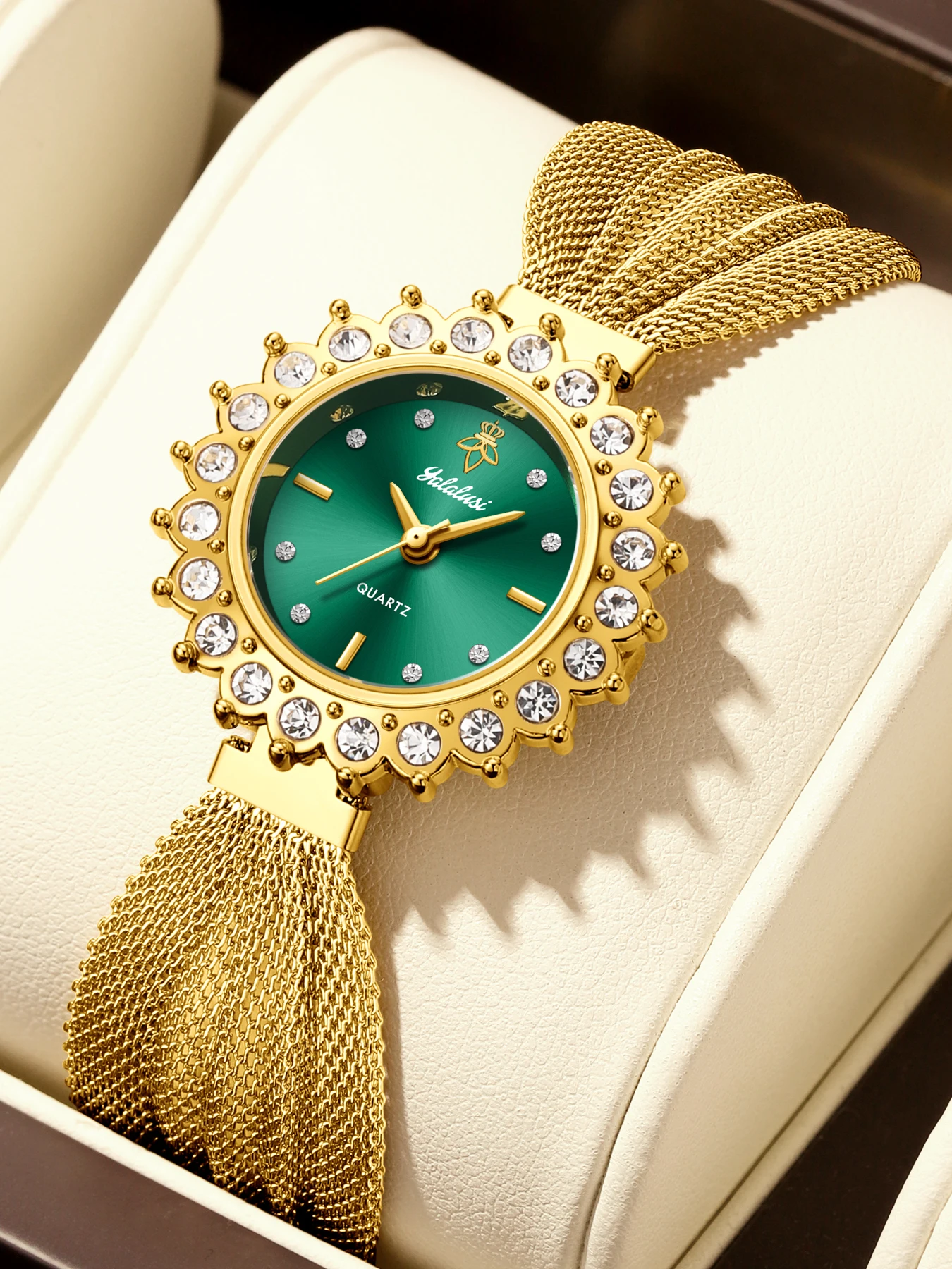 

Элегантные женские кварцевые часы YaLaLuSi, модный циферблат, украшенный стразами, сетчатый ремешок, подарочная коробка.