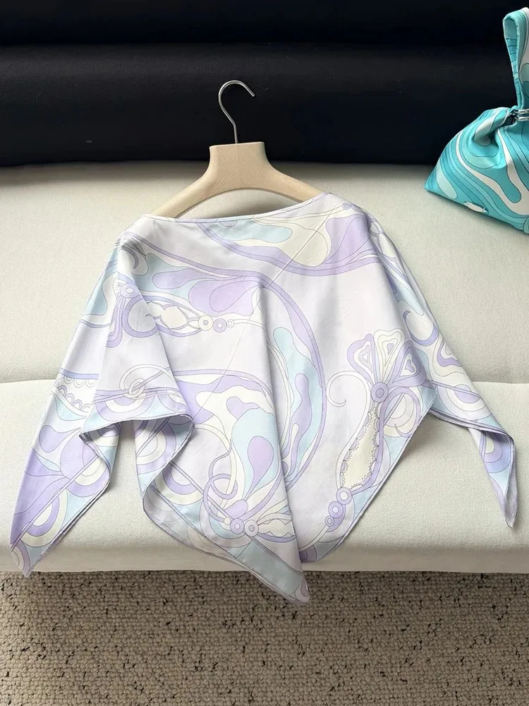 

Spring Summer Fashion Daily Casual Geometric Print Silk Pullovers Women's O-Neck Loose Batwing Long Sleeve Blouses