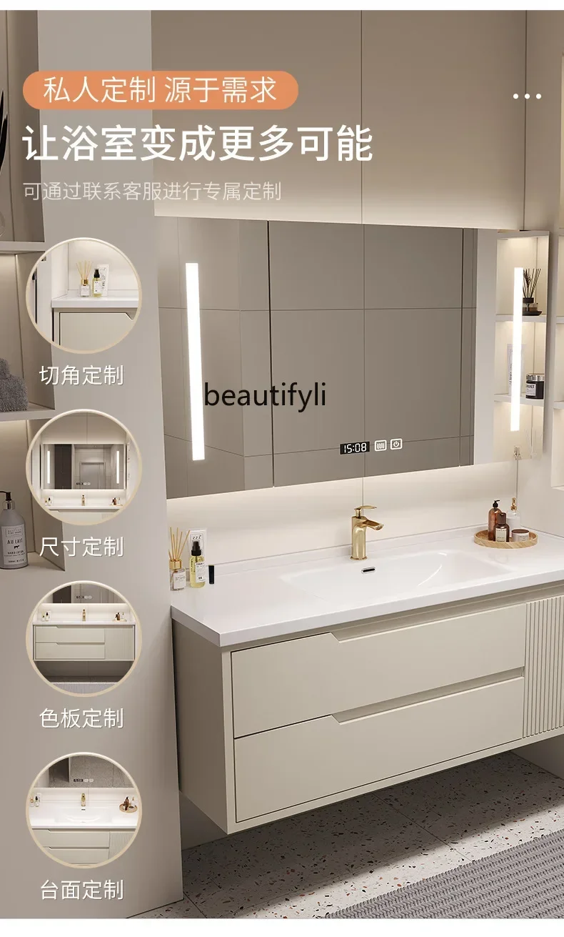 Cream Style Solid Wood Bathroom Cabinet Ceramic Whole Washbin Washstand Bathroom Wash Basin