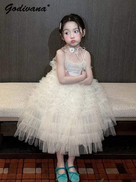 2026 Summer New Baby Girls Sweet Birthday Party Sling Princess Dress Kids Sleeveless Tulle Ruffle Trim Tutu Cake Casual Dress