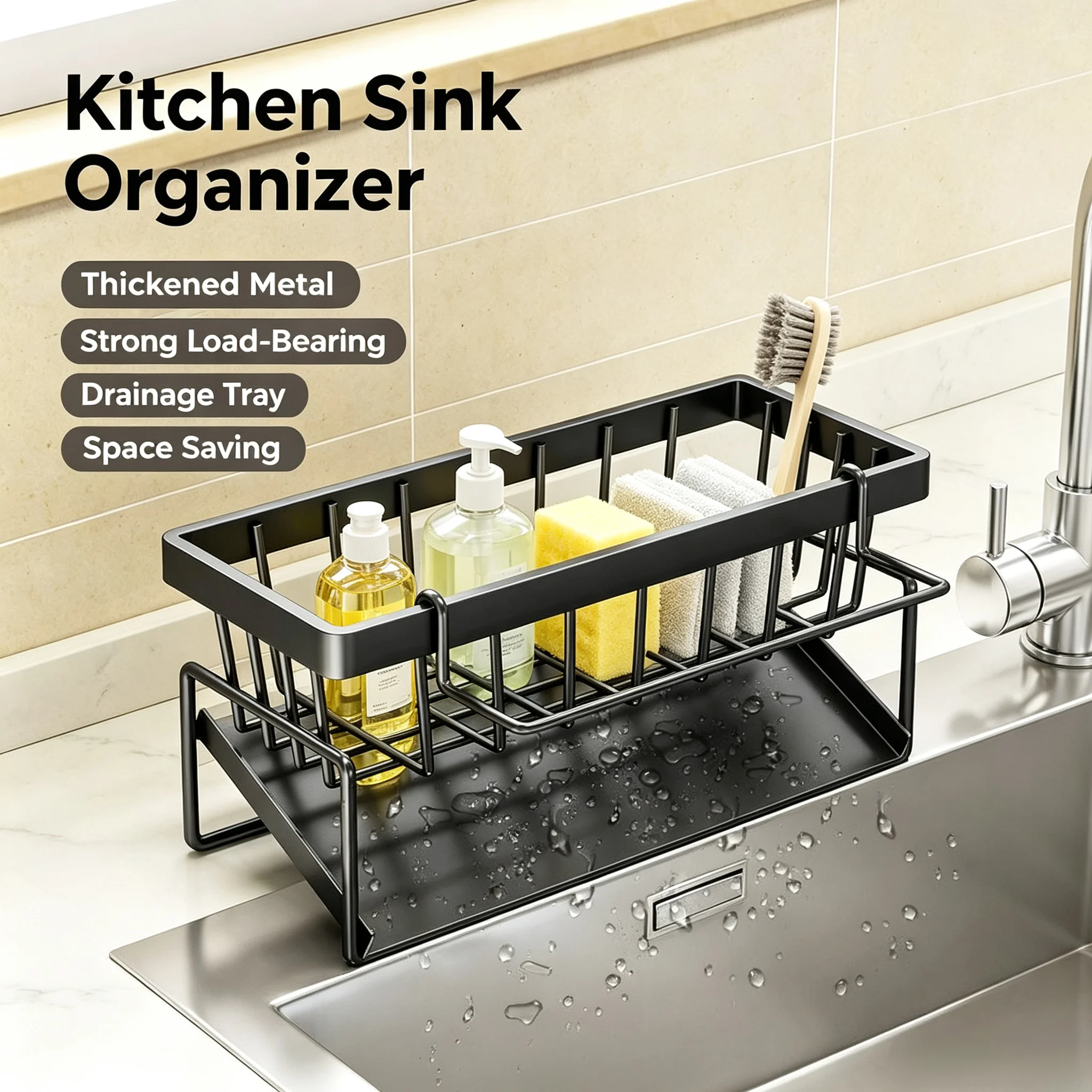 Black Thickened Metal Kitchen Sink Organizer with Drain Tray Rustproof Sponge Brush Soap Caddy Space Saving for Kitchen Bathroom