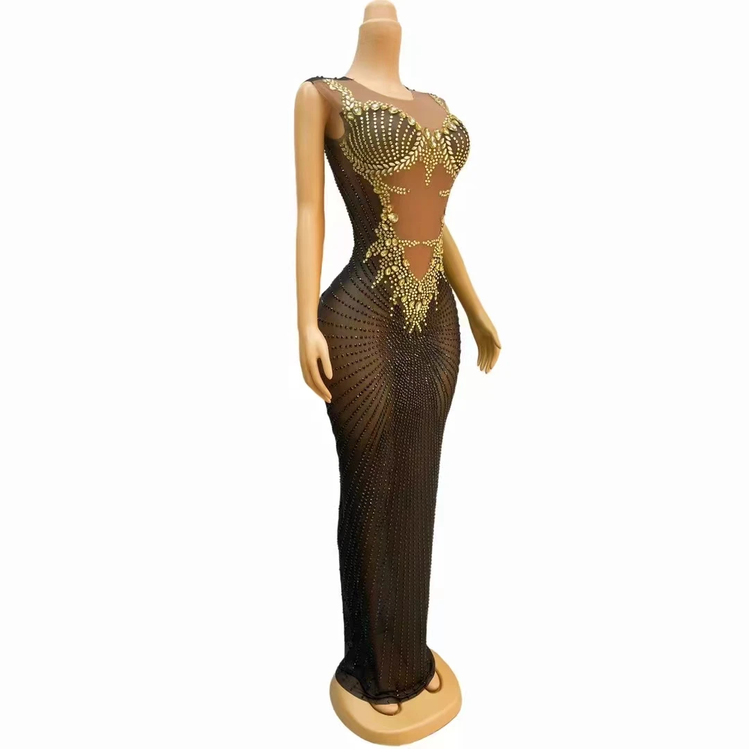 Long Dress Celebration Gown Gold Black Luxury Evening Party Birthday Rhinestones Mesh Sleeveless Singer Model Catwalk Costume