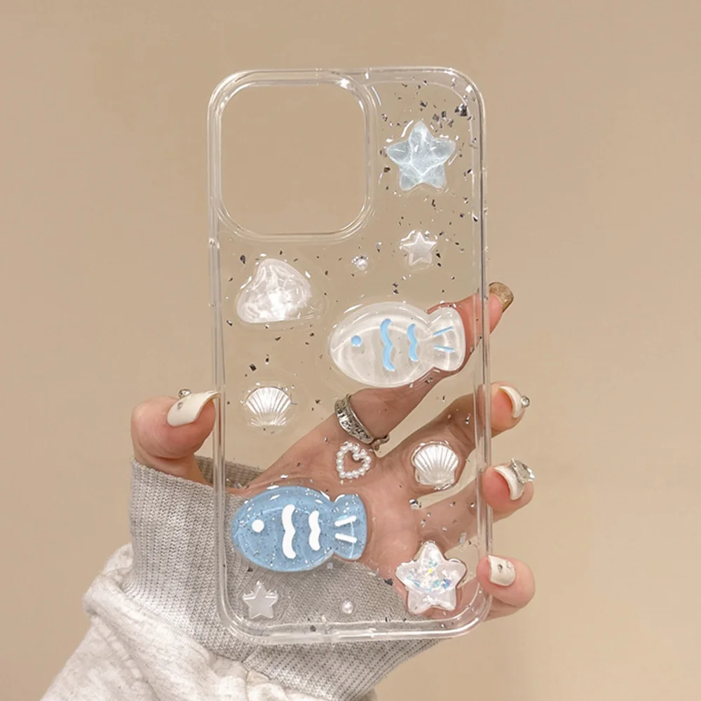 Cartoon Cute Ocean Shell Small Fish Suitable For iPhone 11 12 13 14 15 16Pro Max Plus Soft Phone Case Coque Shockproof Protector