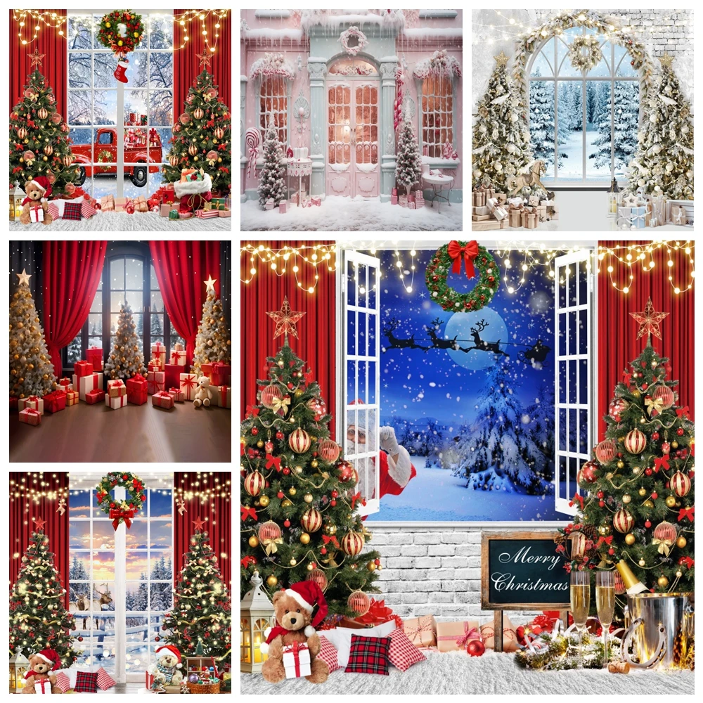 عيد ميلاد سعيد خلفية الشتاء الثلوج شجرة عيد الميلاد هدية نافذة ستارة حمراء التصوير خلفية الأسرة لوازم ديكور الحفلات