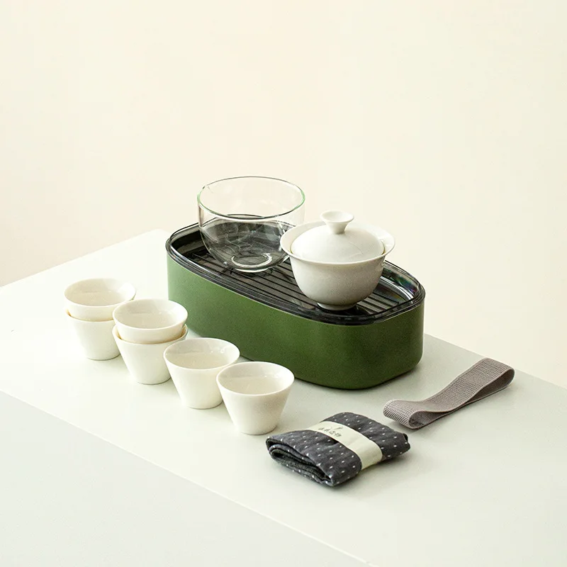 Teaware Set Outdoor Travel Portable Car Tea Set Mutton-fat Jade Tea Brewing Set Storage Box