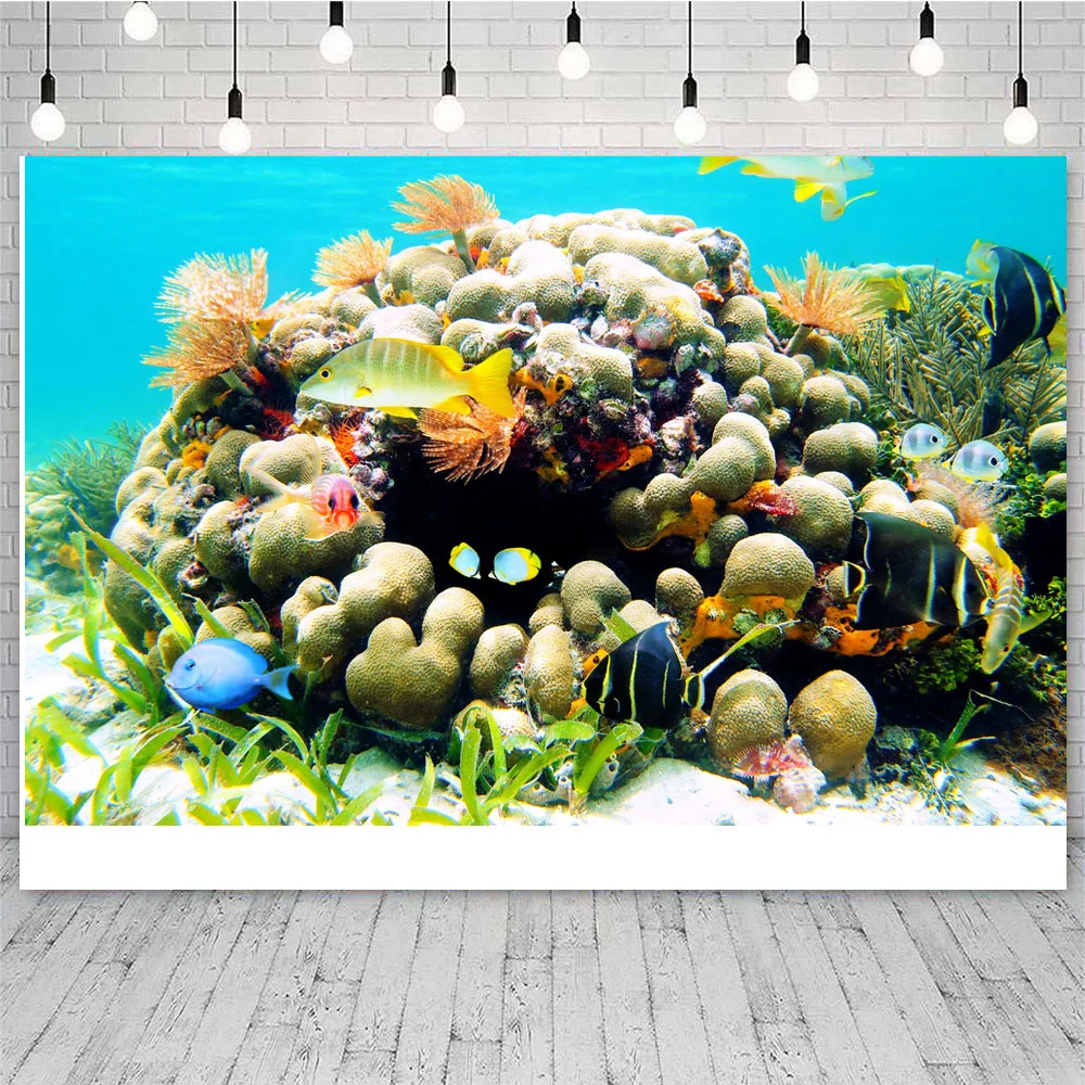 Underwater World Background Sea Turtle Ocean Bottom Fish Coral Baby Birthday Aquarium Photography Backdrop Decoration Poster