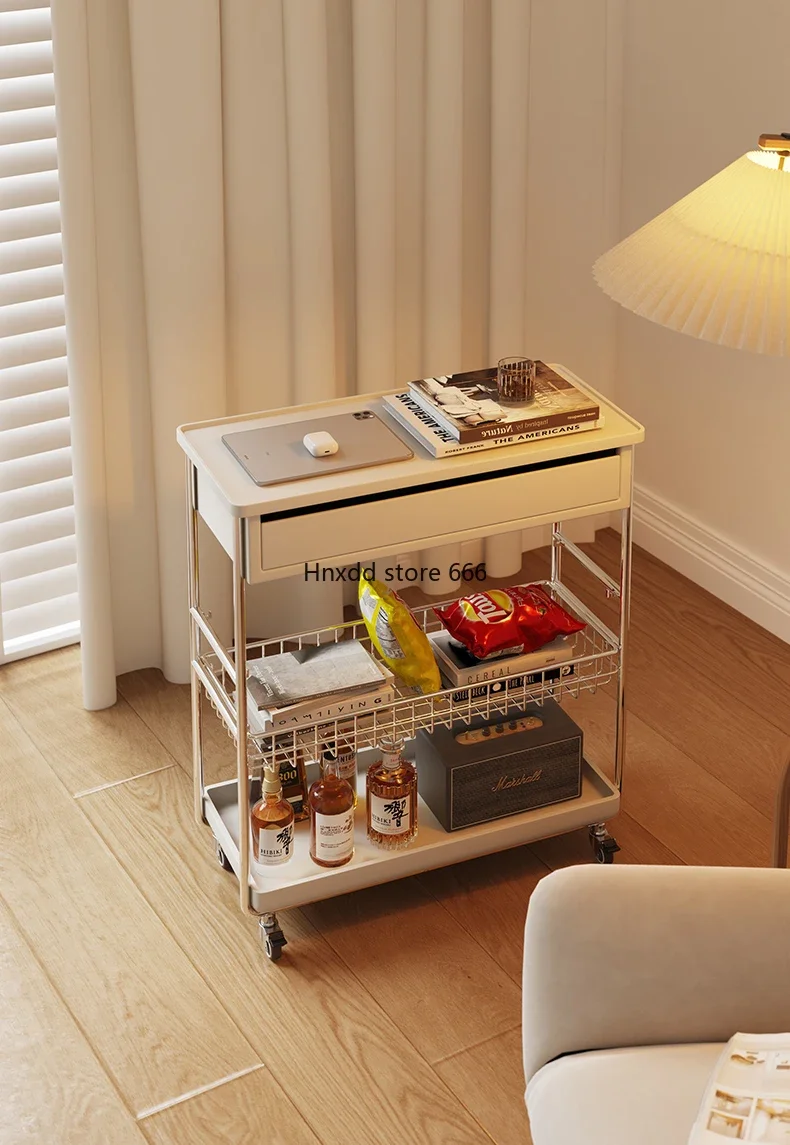 A few small coffee tables by the sofa, multi-layer shelves, side tables