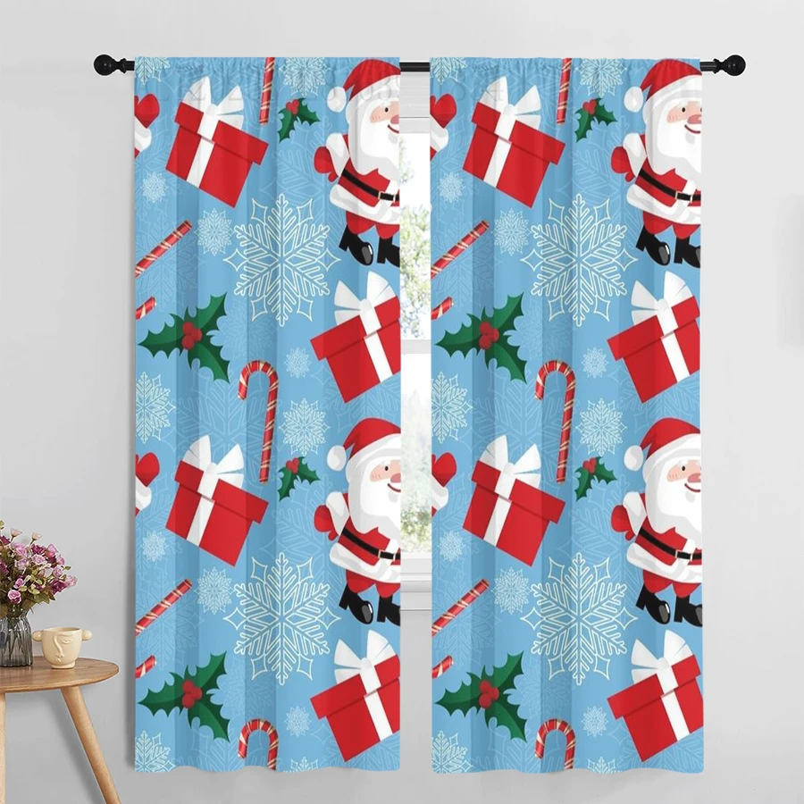 2PCS Digital Print Curtain, Cartoon Santa with Gift Boxes and Candy Canes, Snowflakes and Holly on Blue, Cute, for Bedroom Decor