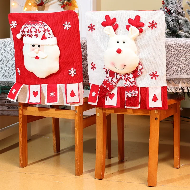 Christmas Cartoon Knitted Chair Cover Set, Elderly Snowman Fabric, 3D Dining Table Arrangement, Chair Cover