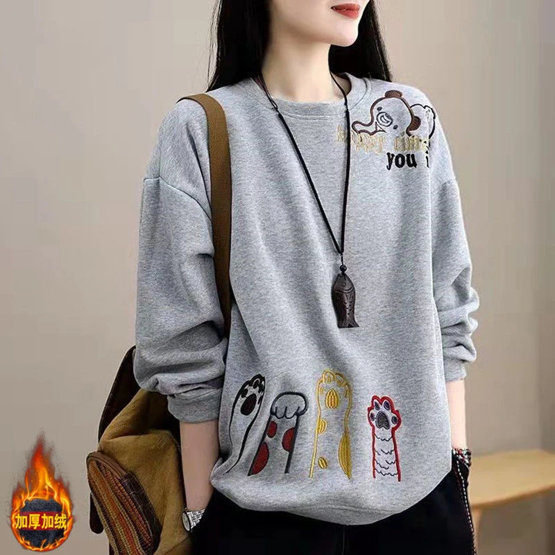 Frauen lustige süße Stickerei lässige Streetwear lose y2k Sweatshirts Herbst Winter Mode Fleece Langarm Pullover Tops