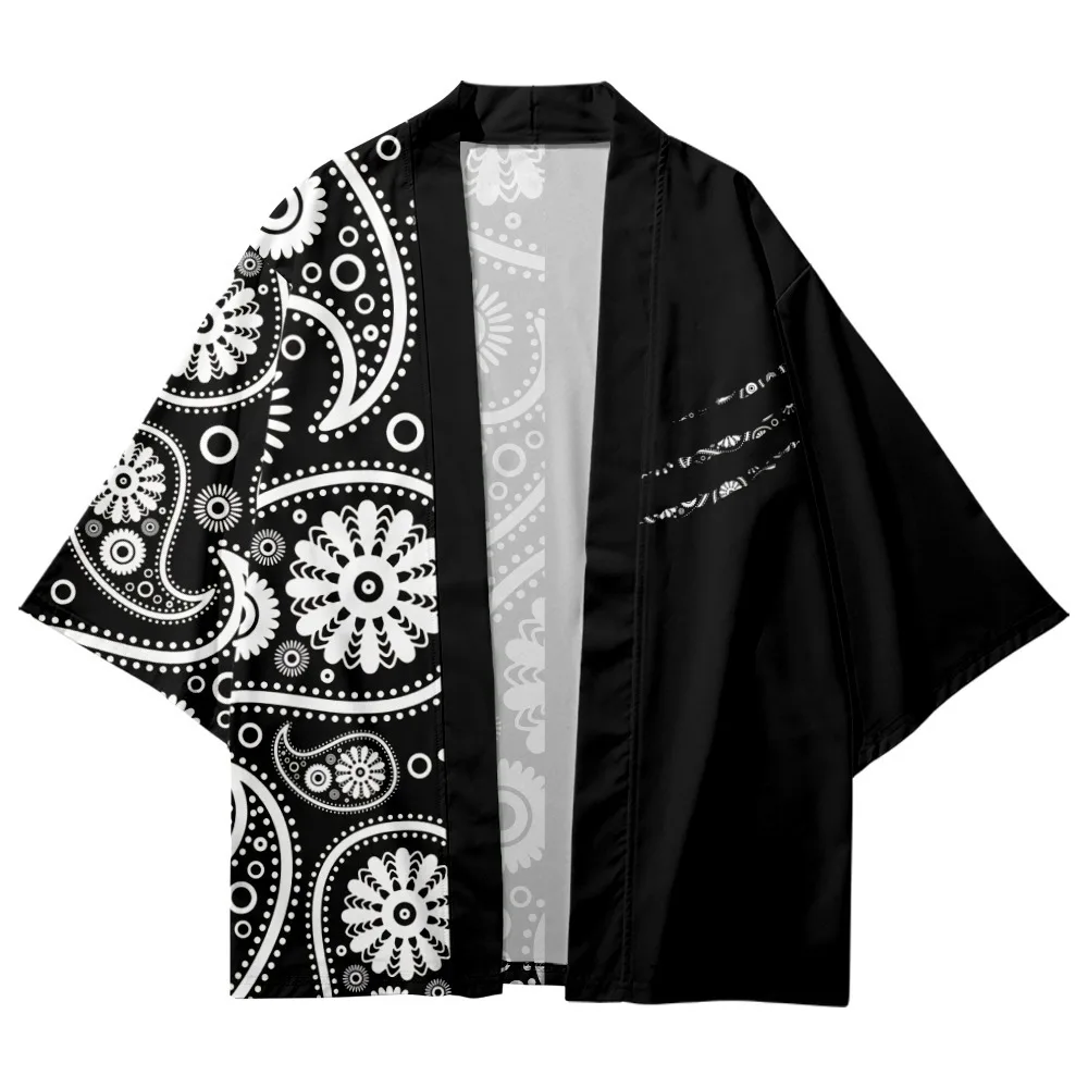 Men Black Print Kimono And Shorts Japanese Style Fashion Beach Mujer Robe Cardigan Shirts Yukata Haori Women's Clothing