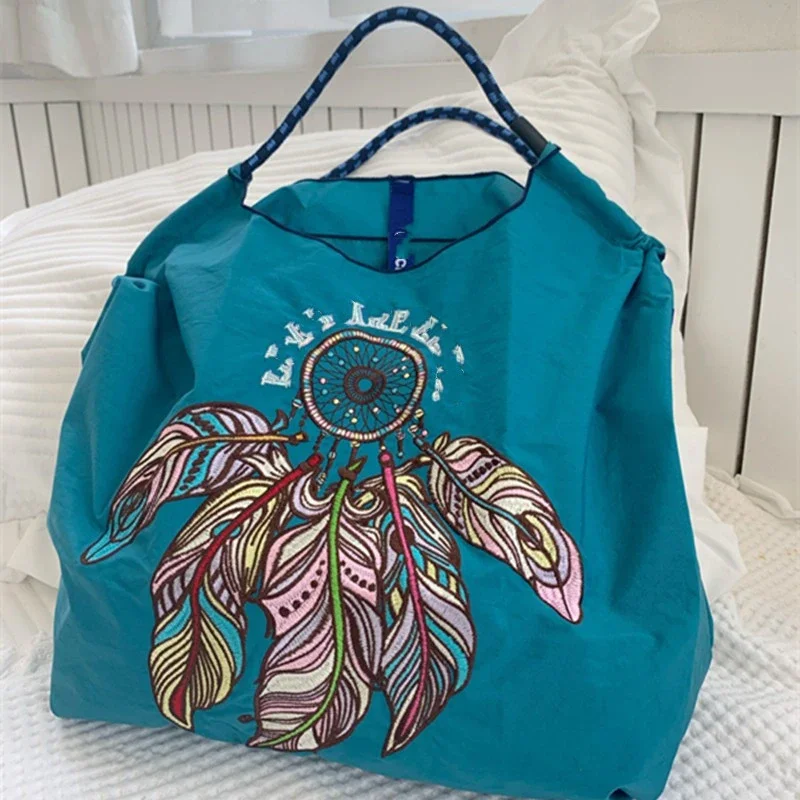 Japanese for Hand Bag Oxford Cloth Embroidery Nylon Shopping Bag Portable Shoulder Bag Korea Bag Foldable Bag Feather Embroidery