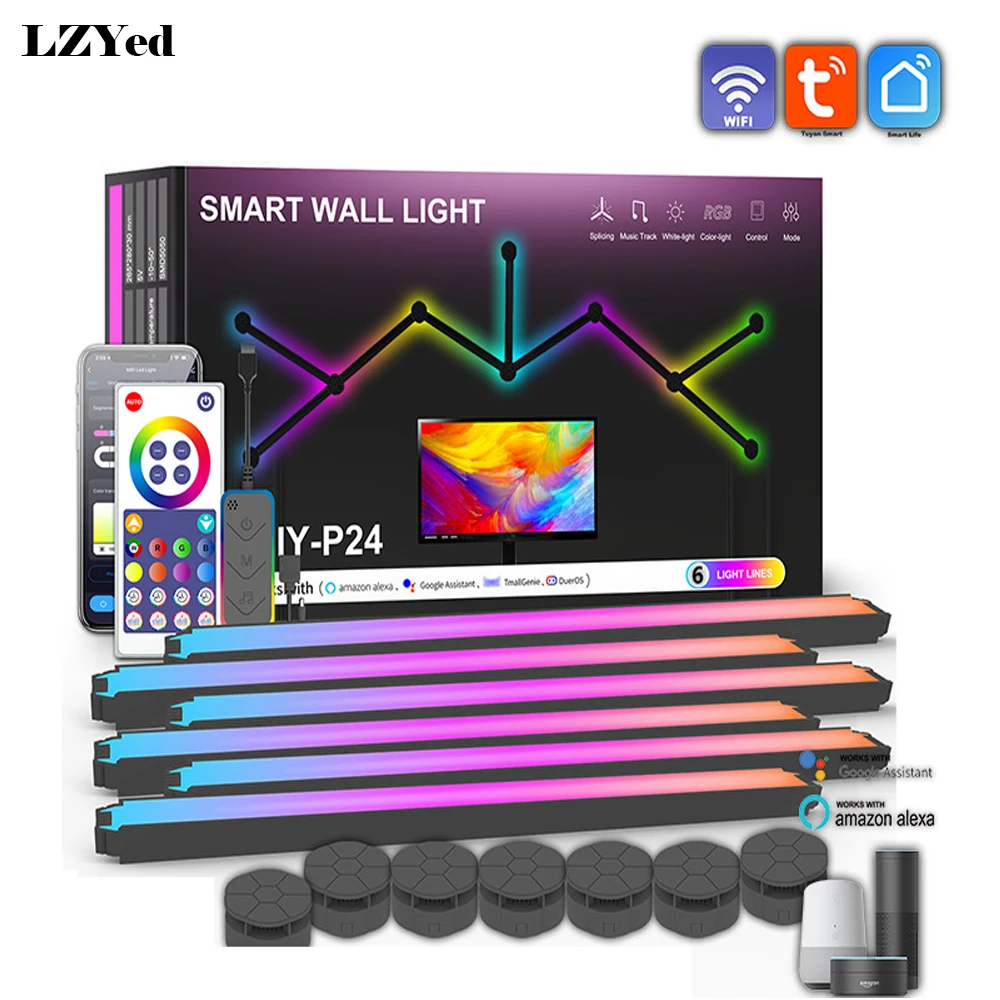 Smart WiFi Splicing Wall Light, RGB, Ambiente Decorativo DIY, Luz Noturna LED, Regulável para Sala de Jogos, Quarto, Decoração TV