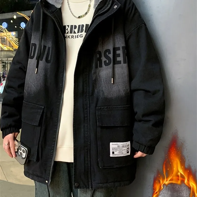 

Зимняя джинсовая куртка Thiened Fce для мужчин, новинка 2025 года, рабочая куртка для учащихся младших и старших классов, теплая хлопковая...