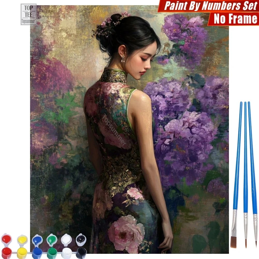 Kit de pintura por números de belleza oriental clásica - Arte de pared para sala de estar con flores ornamentales y Qipao, regalo del Día de la Madre para mamá