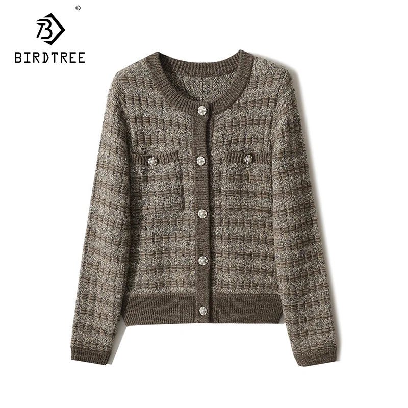 Birdtree-Women Round Collar Cardigans, 90% Wool, 90% Cashmere, Seven Types Yarn, Fashion Jacket, Warm Top, Fall Winter C49318QM