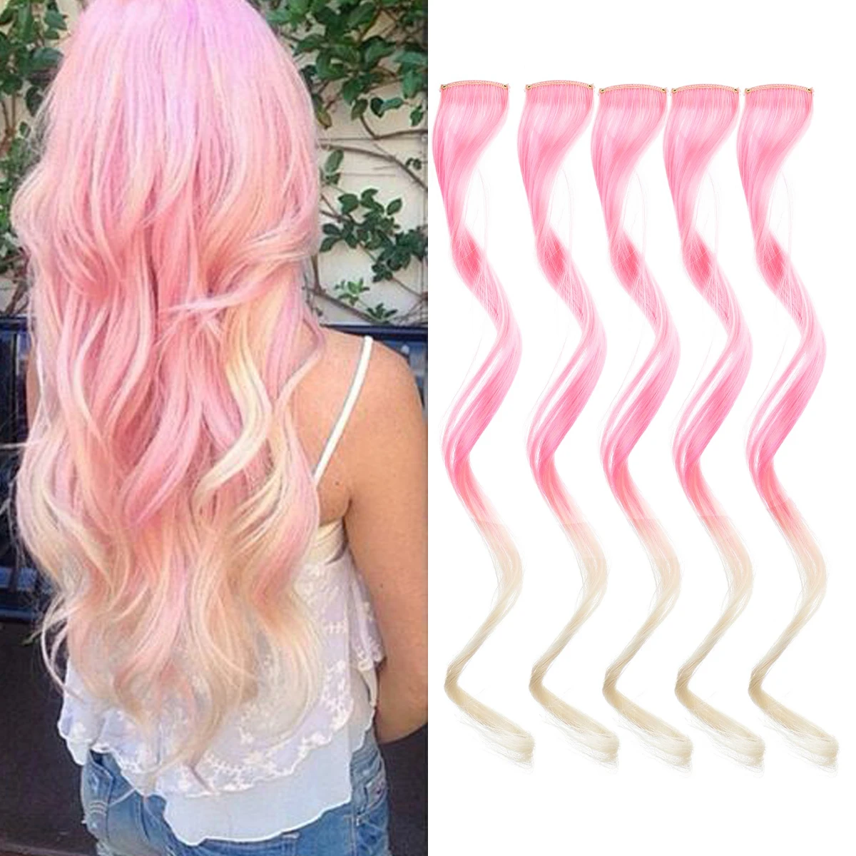 5 Pcs/pack Colored Hair Extensions Party Highlights Curly Wavy Hairpiece Clip in Synthetic Streak for Girls Women