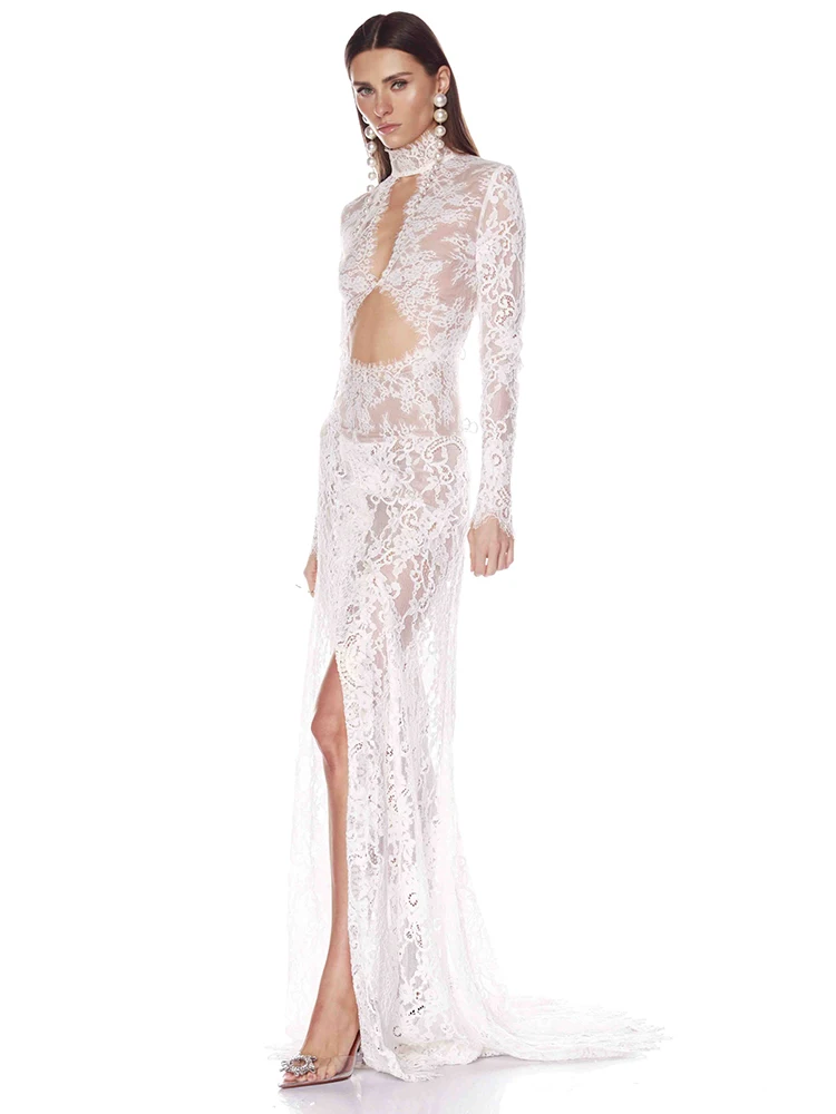 VC Sultry Sexy White Lace Long Sleeves with Cutout & Slit Sheer for Parties Wedding Gown