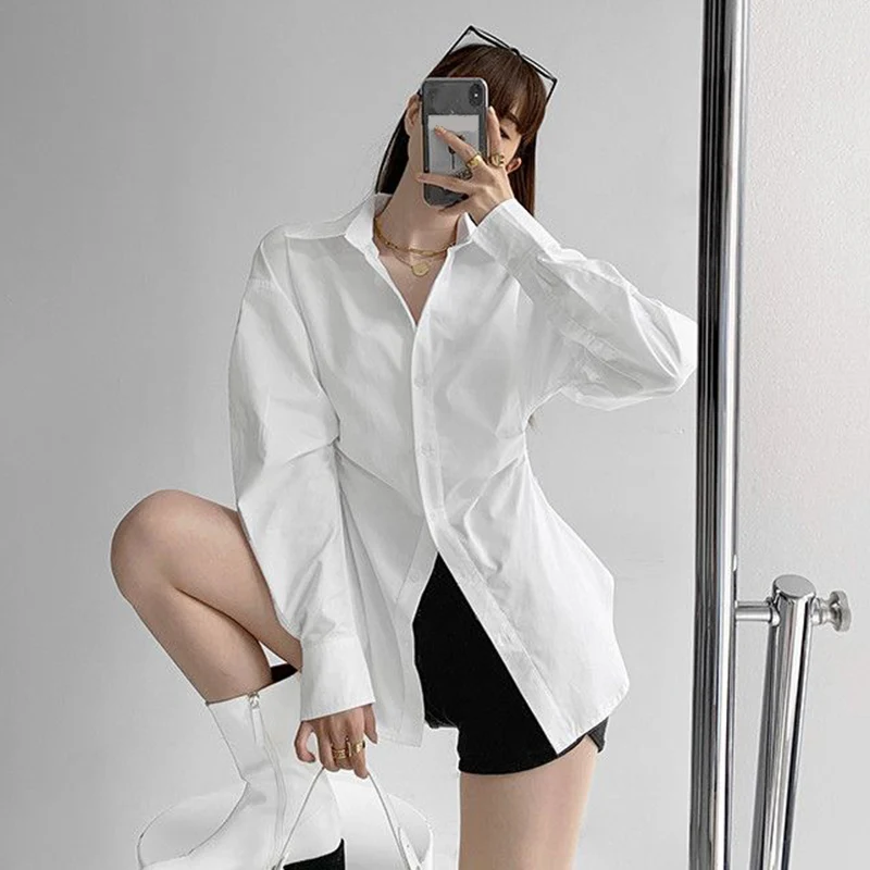 Rimocy 2024 Fashion White Slim Fit Shirt Women Turn Down Collar Elegant Long Sleeve Blouses Woman Pleated Button Up Shirts Top