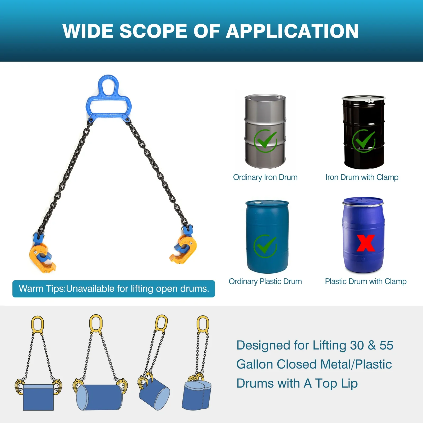 Oil Drum Lifter Chain 2 Claw Clamp Hook Carbon steel for Forklifts or Cranes Plastic Metal Drums Lifting 2000 Lbs Load