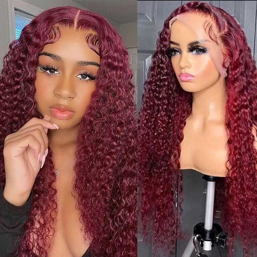 Onda Profunda Lace Frontal Peruca, Cabelo Humano Encaracolado Colorido, Vermelho Borgonha, 13x6 HD, 4x4 Lace Front Closure, 30 ", 99J