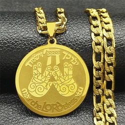 May The Lord Bless You Praying Hand Pendant Necklace For Women Men Stainless Steel Gold Color Round Medal Hebrew Hip Hop Jewelry