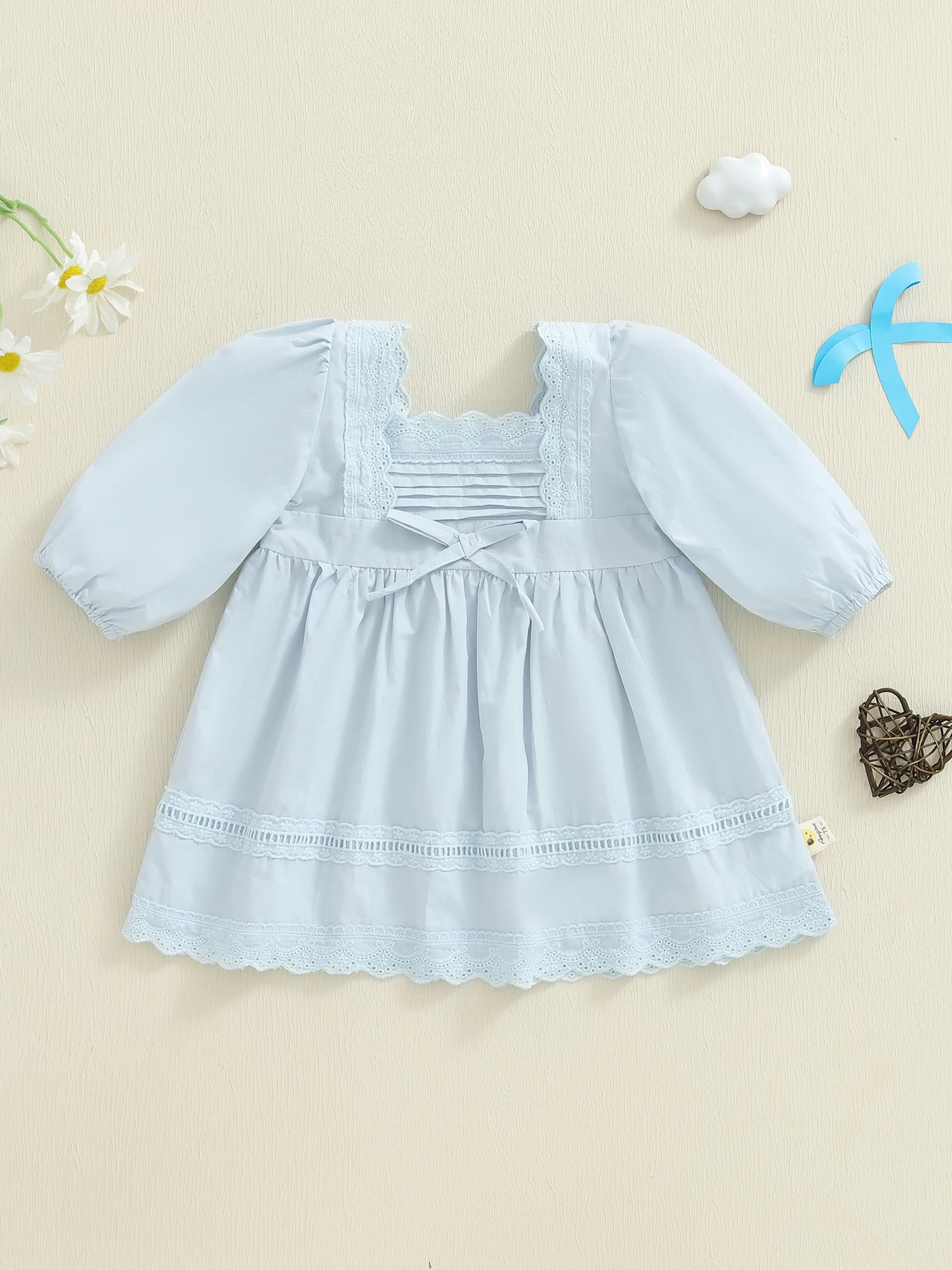 

Infant Girls Lace Patchwork Long Sleeve Square Neck A Line Dress with Puff Sleeves and Solid Color for Fall