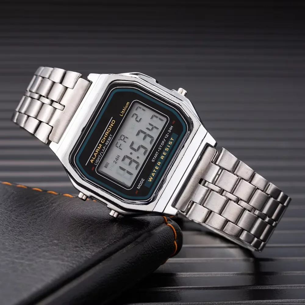 LED electronic watch with steel strip, small square, Harajuku style multifunctional watch