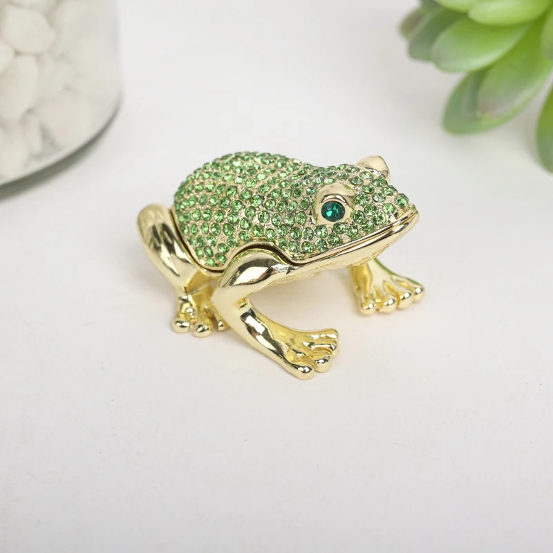 SHINNYGIFTS Crystal Jeweled Frog Trinket Box Hinged Collectible Frog Figurine Decorative Box Ring Holder Hand-Painted