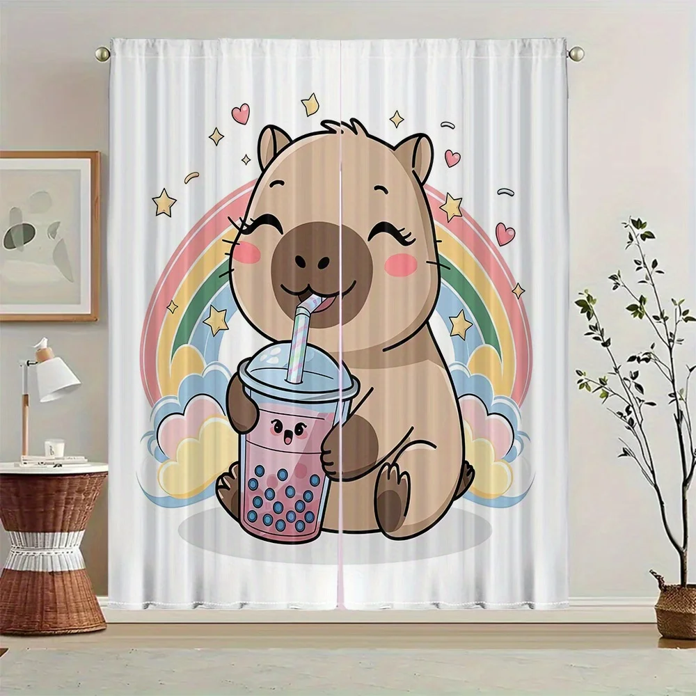 Cute Capybara with Bubble Tea Blackout Curtains - Cartoon Animal Drinking Milk Tea with Rainbow and Hearts Print Window Drapes