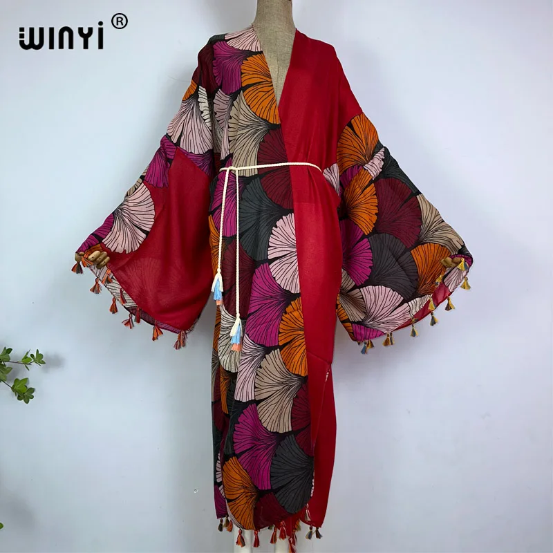 WINYI kimono summer print kaftan Bikini Cover-up Cardigan sexy Holiday maxi beach swimsuit evening party tassels dress with belt