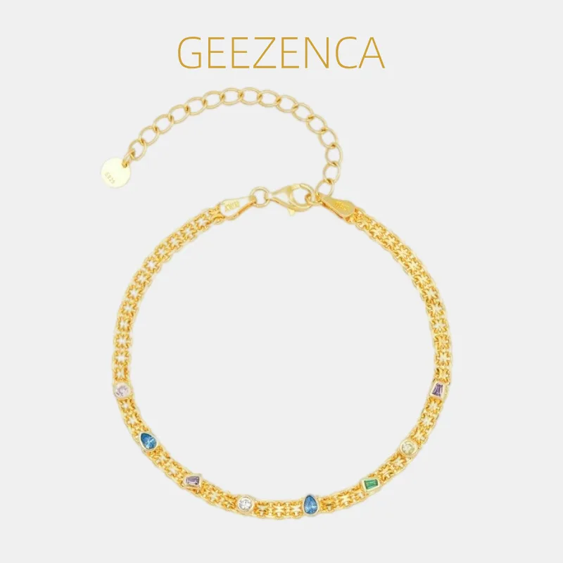 

GEEZENCA Italian Jewelry 925 Silver 18K Gold Cubic Zirconia Link Chain Bracelets Women Trendy 16CM Layered Bracelet Gift For Her
