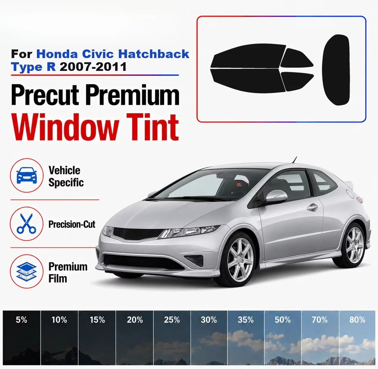 Premium Precut Window Tint Kit Front Rear Windows Rear Windshield For Honda Civic Hatchback Type R 2007-2011 Nano Ceramic Film