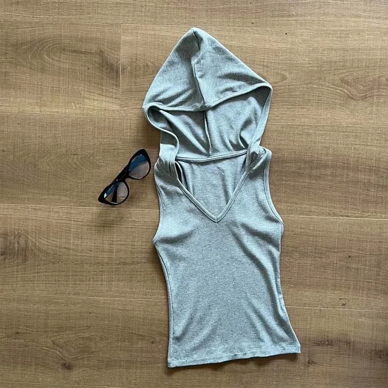 Fashion 2 Colors Slim Fit Hooded V-neck Vest Designer Sleeveless Pure Cotton Pullover Leisure Comfortable Street Wear Summer New