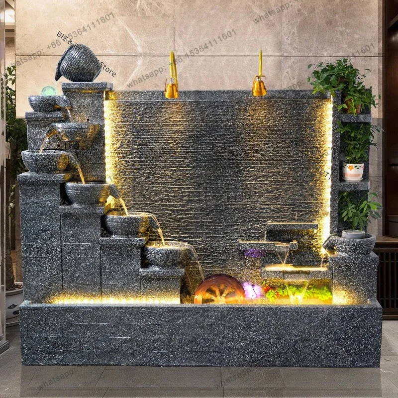 FG Large Indoor/Outdoor Rockery Water Fountain – Multi-Tier Waterfall & Glass Water Wall Feature Courtyard Villa Hotel Lobby JT4