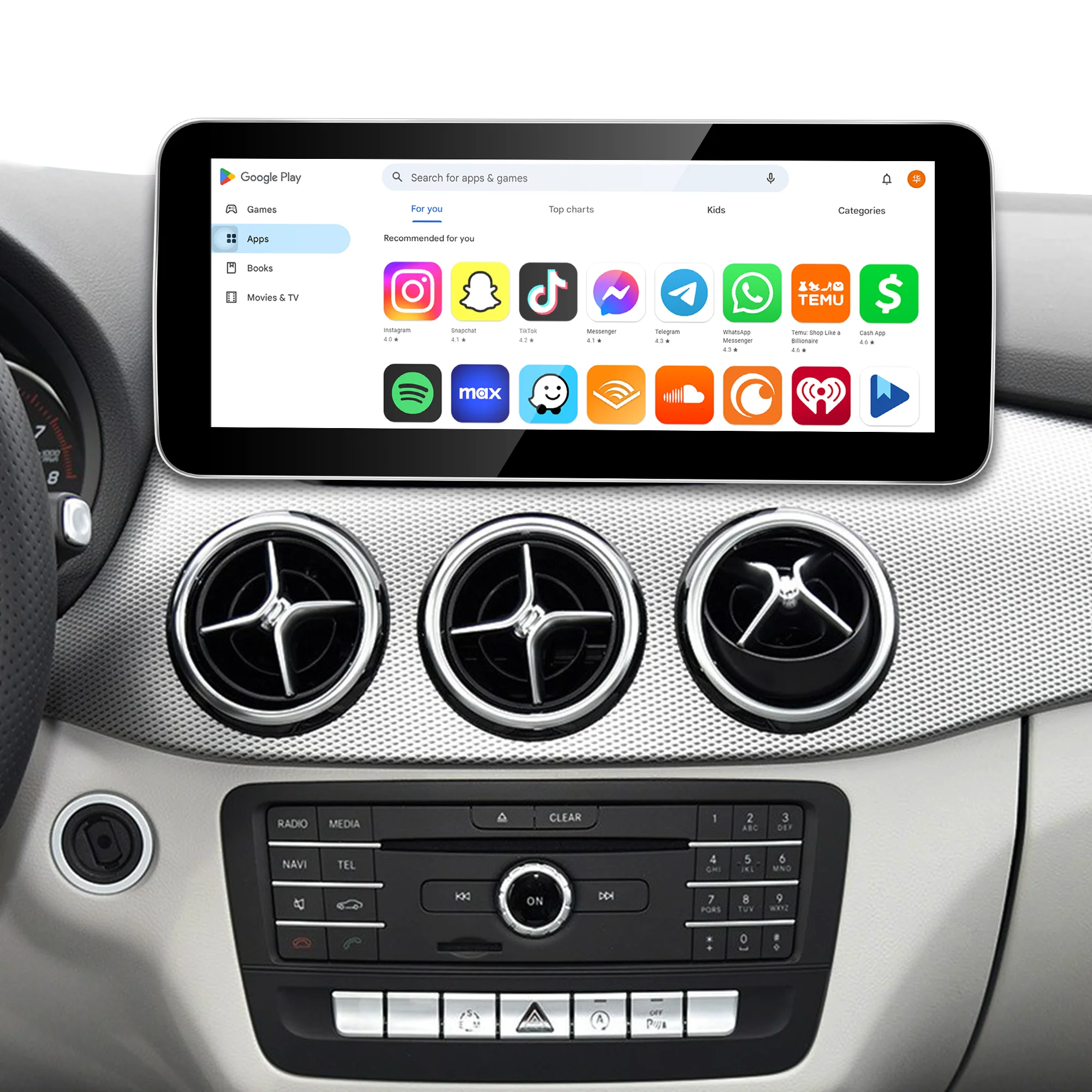10.25-inch Android display for Mercedes W463, with CarPlay, Android Auto, GPS, NTG 5.1/5.2, Netflix, YouTube, and rear‑view camera.