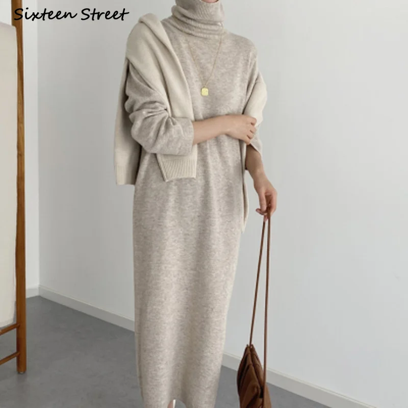 Apricot Turtleneck Sweater Dress Women 2023 Winter Oversized Vintage Elegant Woolen Dresses Women Clothing Autumn Chic Knitwear