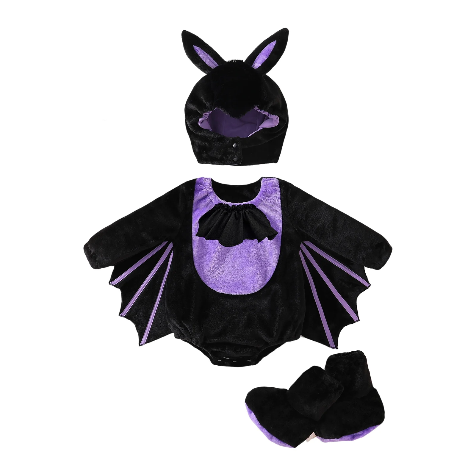 VISgogo Baby Bat Halloween Costume Plush Bat Wing Long Sleeve Romper Foot Covers and Hat 3 Pcs Set