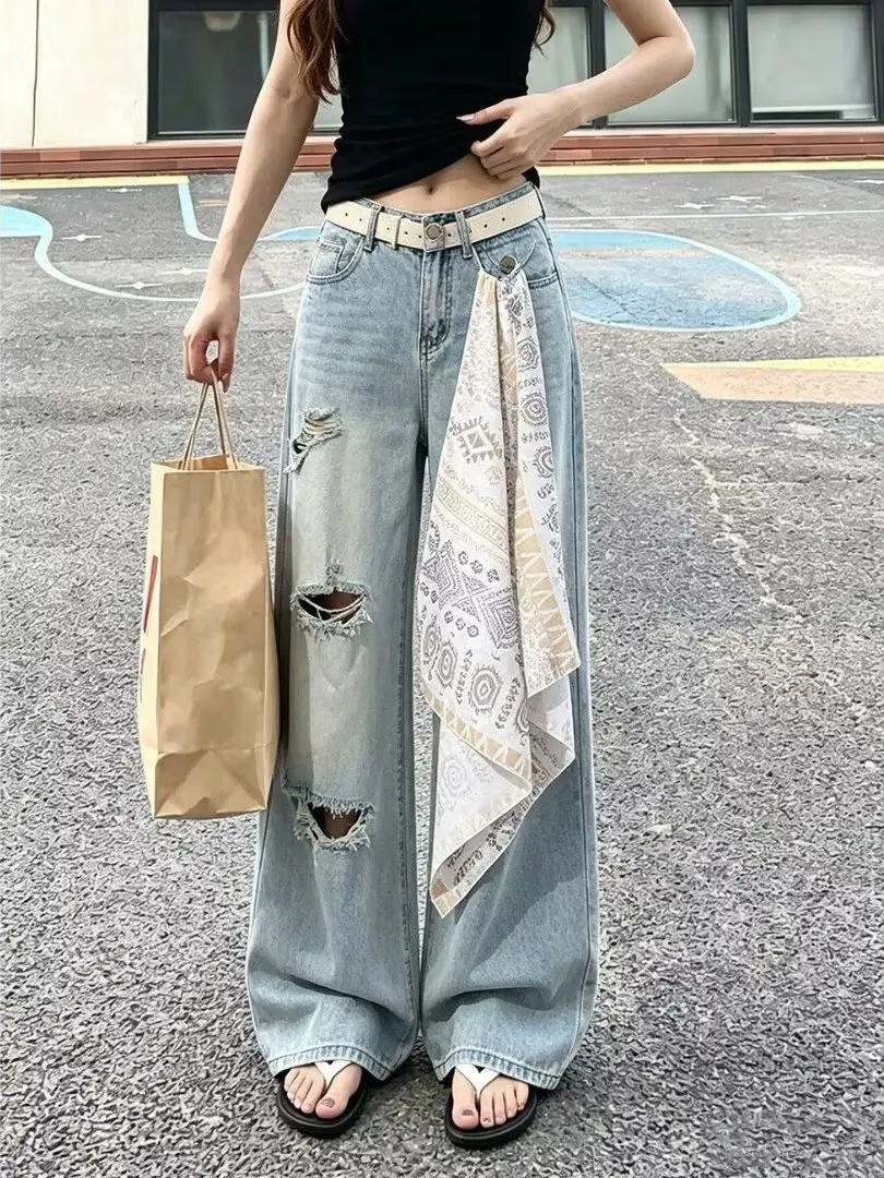Light Blue Ripped Wide Leg Denim Jeans Women's Loose Straight Cut Trousers Autumn New Style plus Size Design Slimming Effect