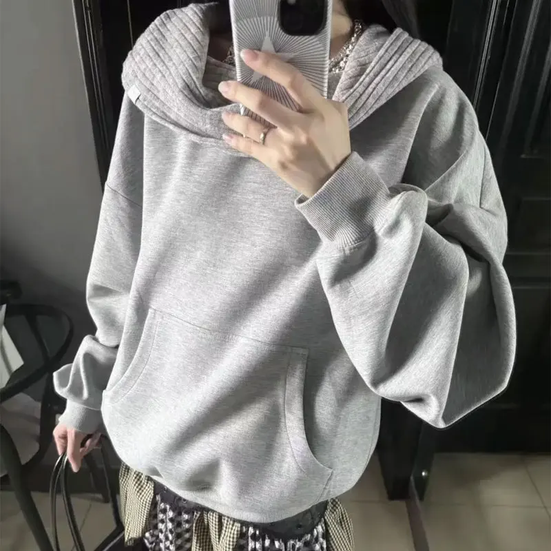 Korean Off Shoulder Loose Sweatshirts Female Clothing Stylish Knitted Hooded Autumn Casual Patchwork Solid Color Basic Hoodies
