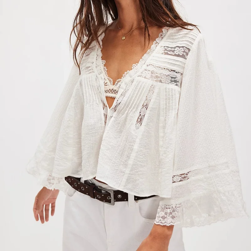 Tops de manga larga con volantes para mujer, camisetas sin mangas con botones delanteros, manga ancha 3/4, cuello en V, Color sólido, encaje semitransparente, camisetas sin mangas, ropa Y2k