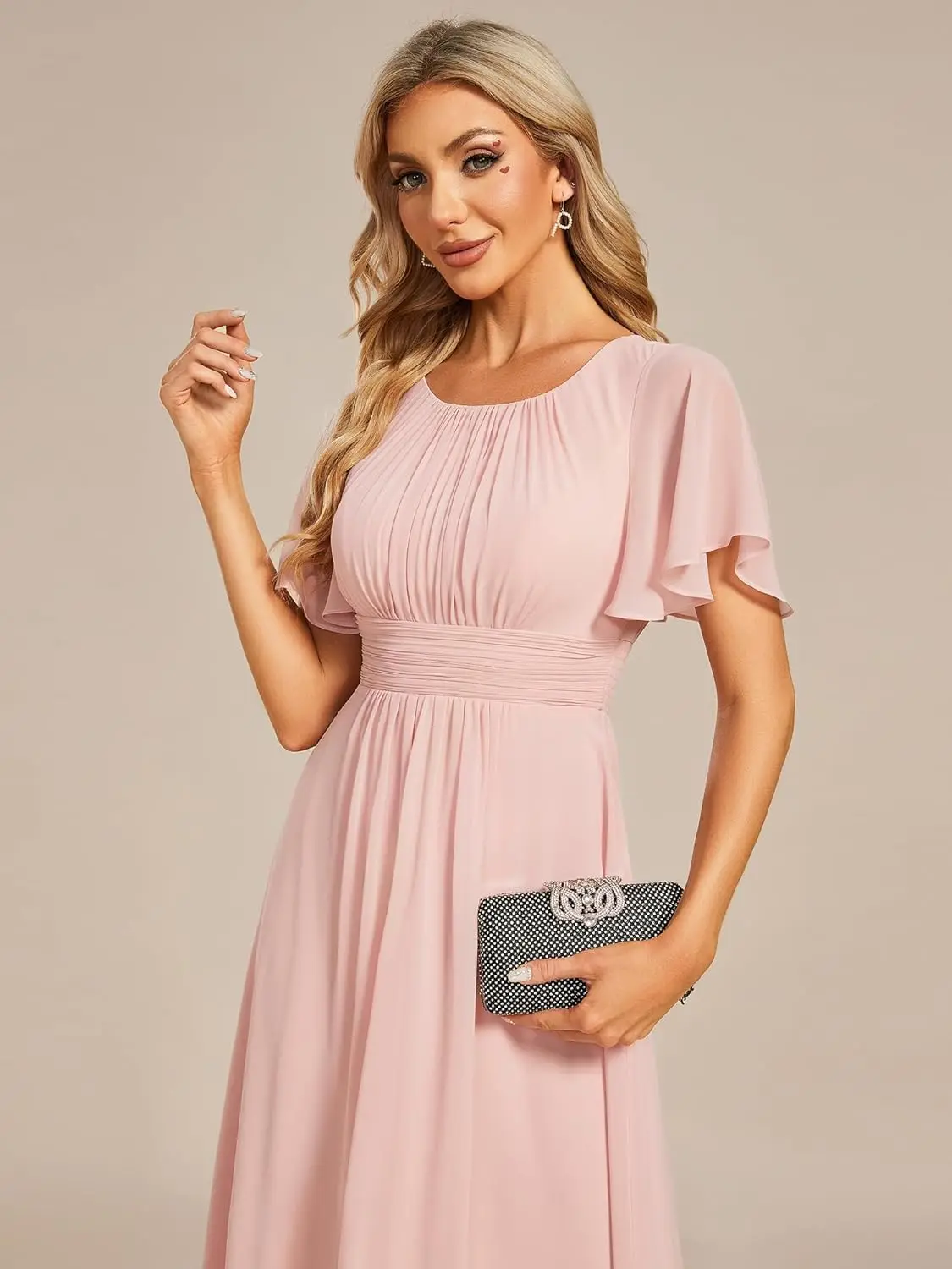Women's Chiffon Crew Neck Pleated Waist Short Sleeve Wedding Guest Dress bridesmaid dress  party dresses  prom dresses