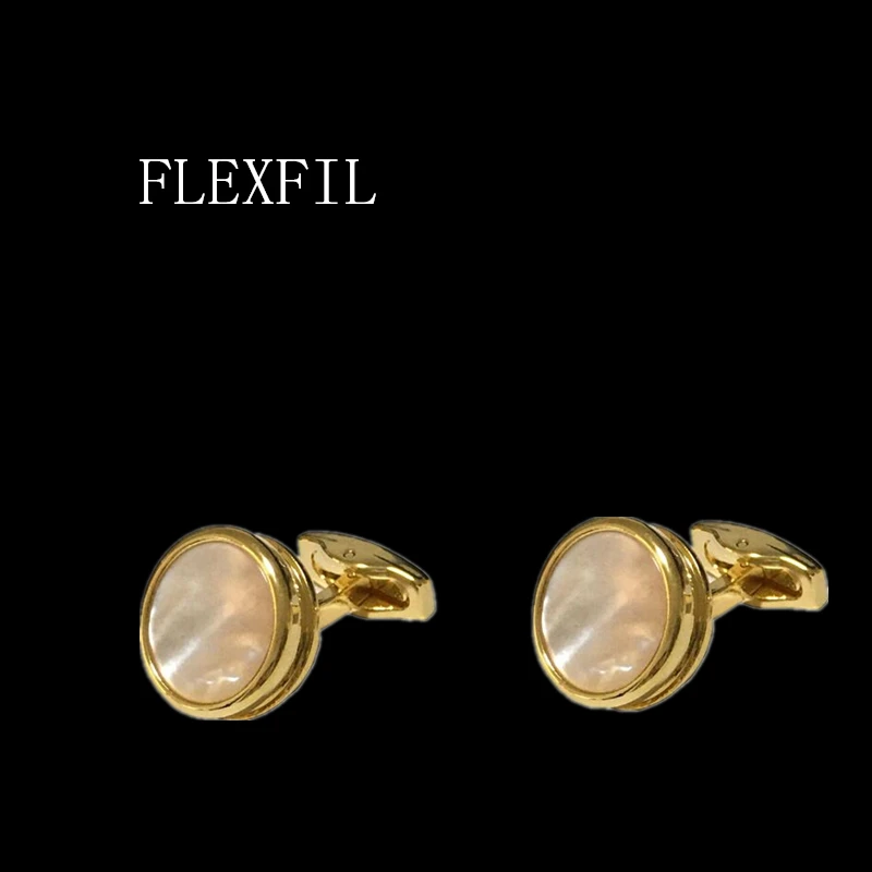 FLEXFIL Round Jewelry color gold French Shirt Fashion Cufflinks for Men's Cuff links Buttons shell High Quality brand new